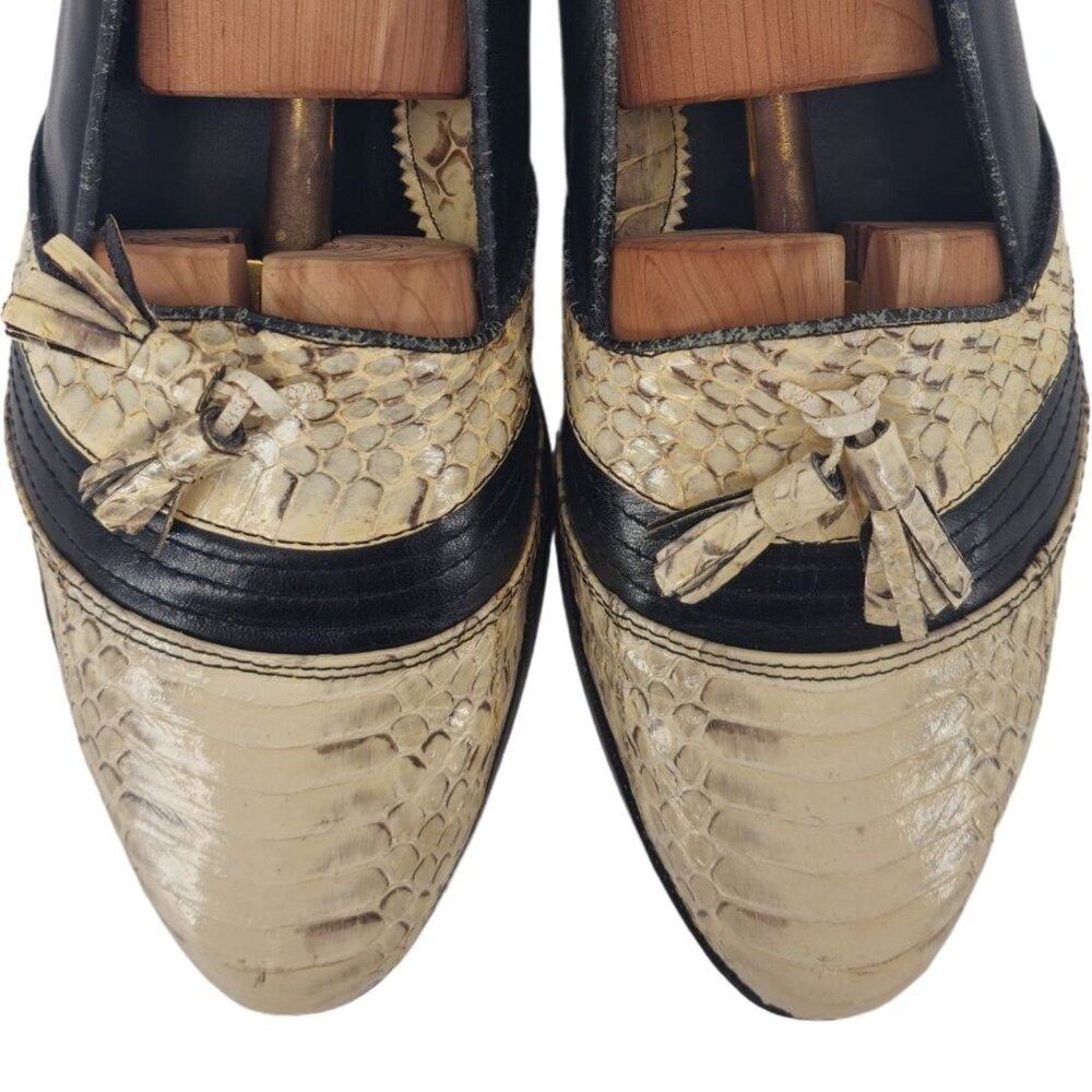Vintage NEW Exotic Snakeskin 10.5D Dress Shoes Natural Cream Black Tassel Loafer - Picture 8 of 11